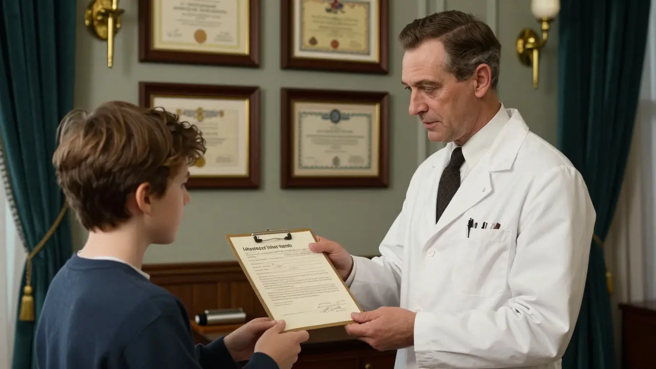 Врач в белом халате вручает пациенту информированное согласие на процедуру.