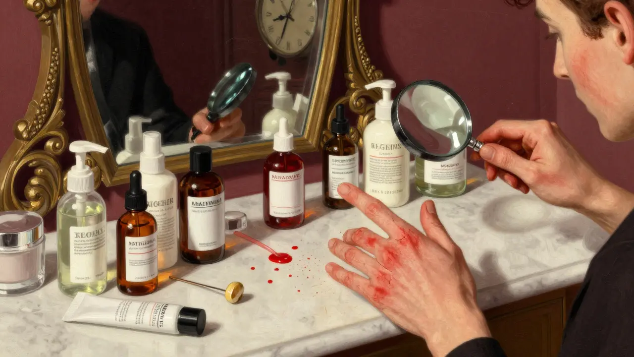Запутанный туалетный столик с разлитыми средствами, кожа покраснела, рука остановилась в раздумье.