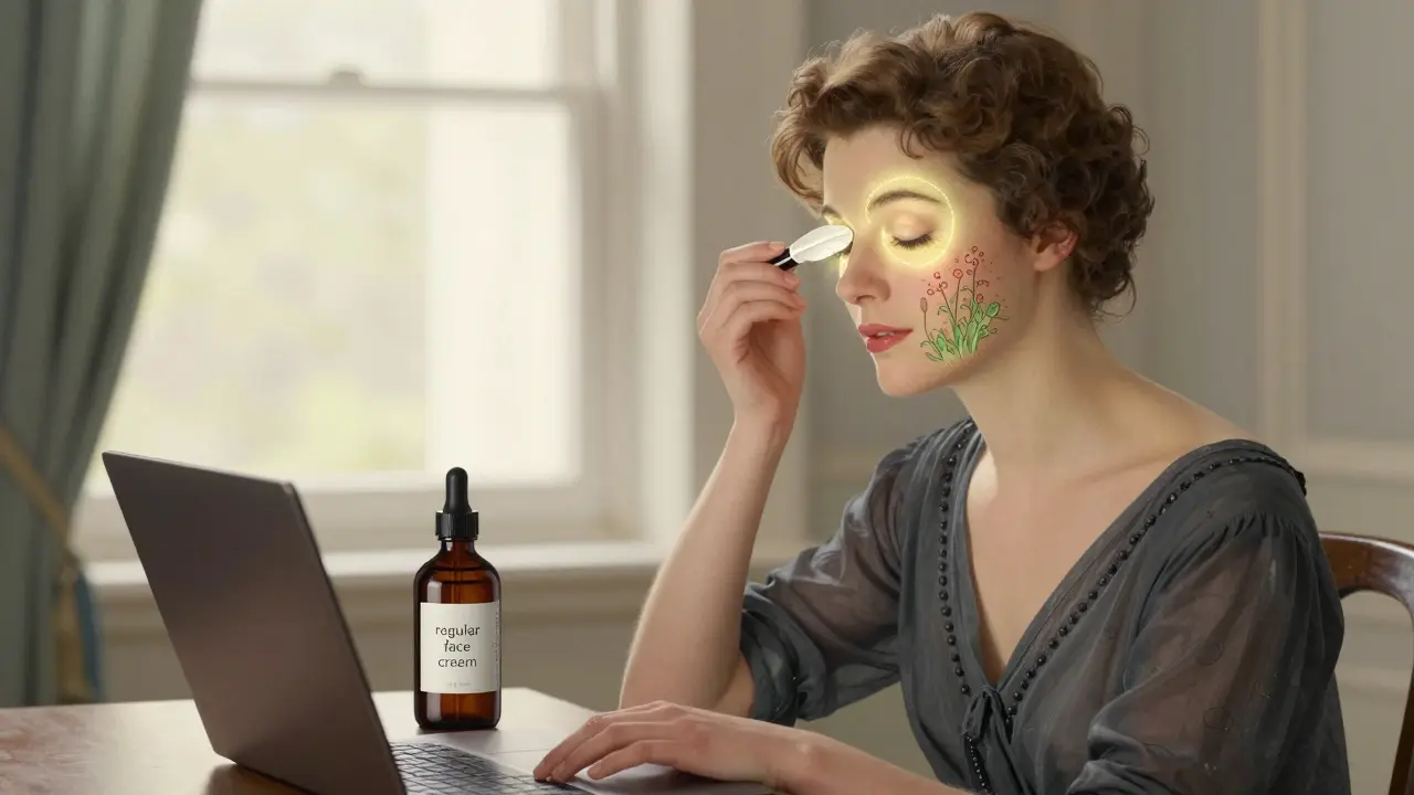 Женщина аккуратно наносит крем для глаз, вокруг неё — символы увлажнения и микробиома кожи.