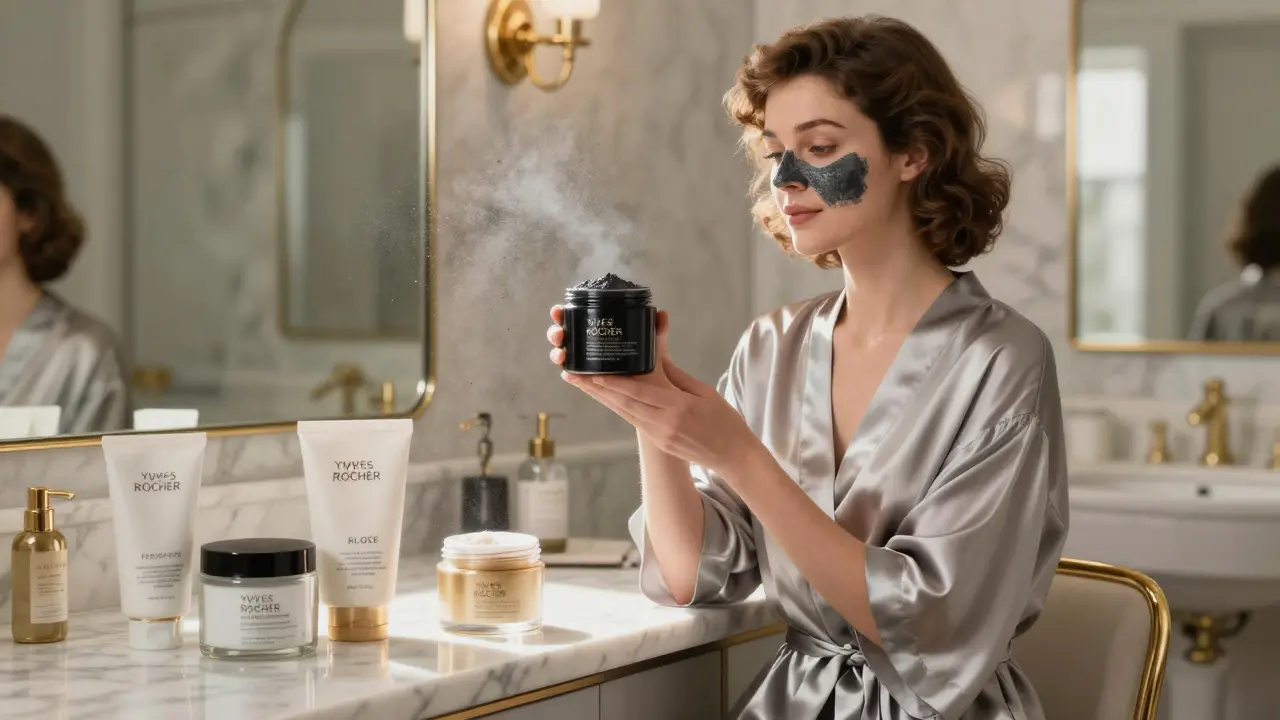 Женщина держит маску с углем, рядом стоят другие типы масок на фоне ванной.