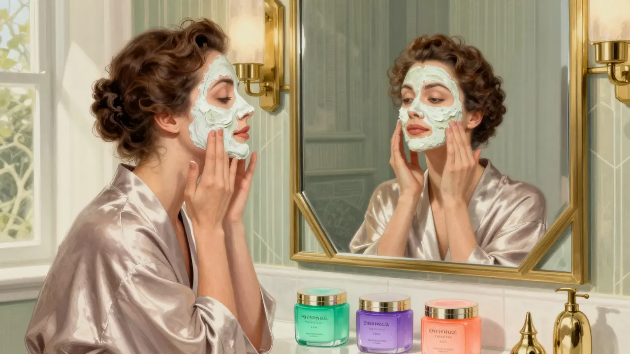 Женщина наносит маску в элегантной ванной, рядом — три вида эксфолиантов, отражающие разные типы воздействия.