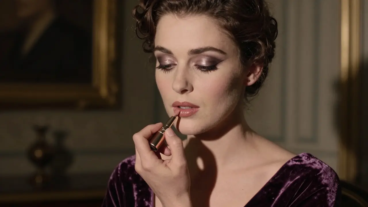 Женщина наносит нюдовую помаду, глаза мягко затенены таупом в вечернем интерьере.