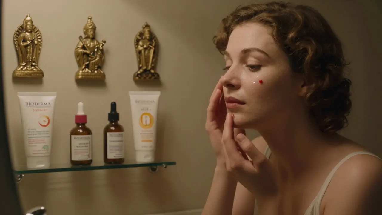 Женщина наносит сыворотку перед зеркалом, средства для ухода на фоне, кожа гладкая.