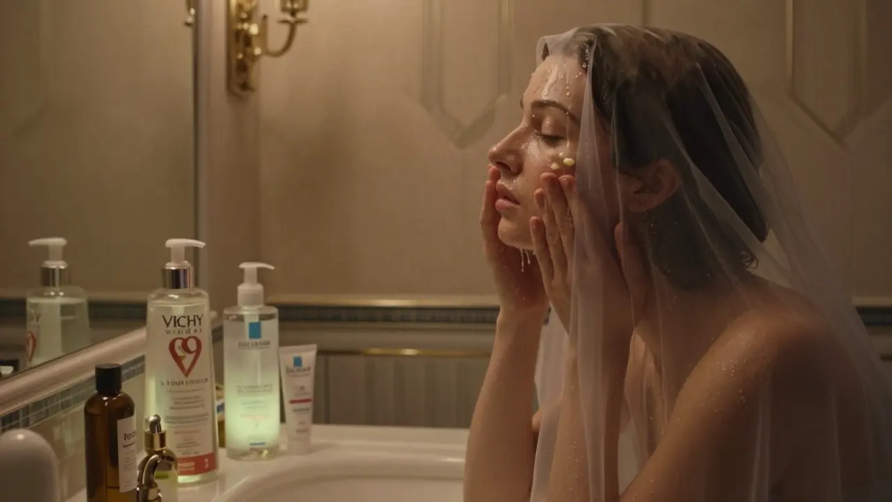 Женщина наносит сыворотку в уютной ванной, рядом — бутылки увлажняющих средств с мягким светом.