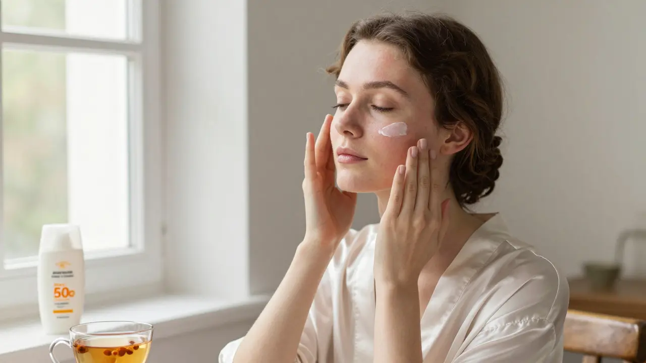 Женщина наносит уходовый крем с троксерутином и экстрактом боярышника, кожа стала спокойной и ровной.