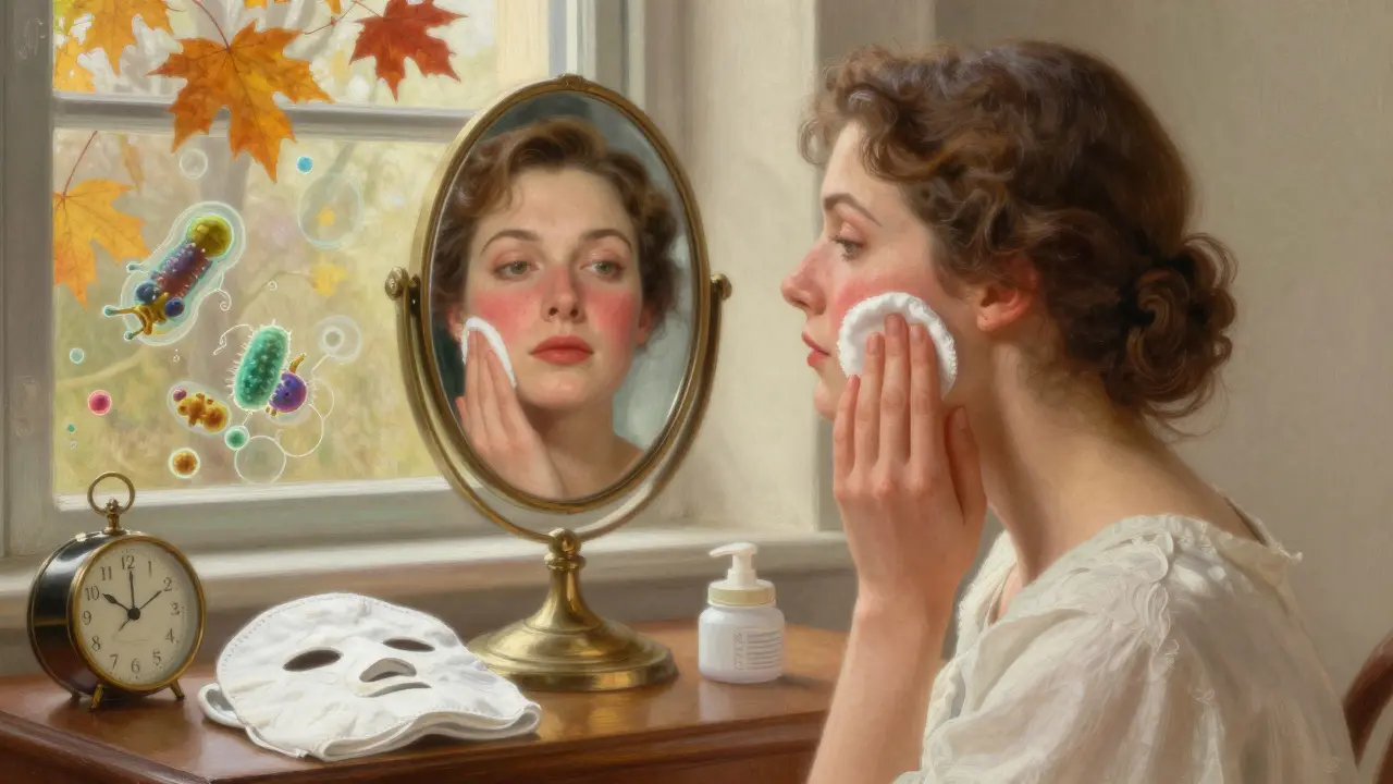 Женщина наносит увлажняющий крем, хлопковая маска рядом, за окном — осенние листья, кожа восстановлена.