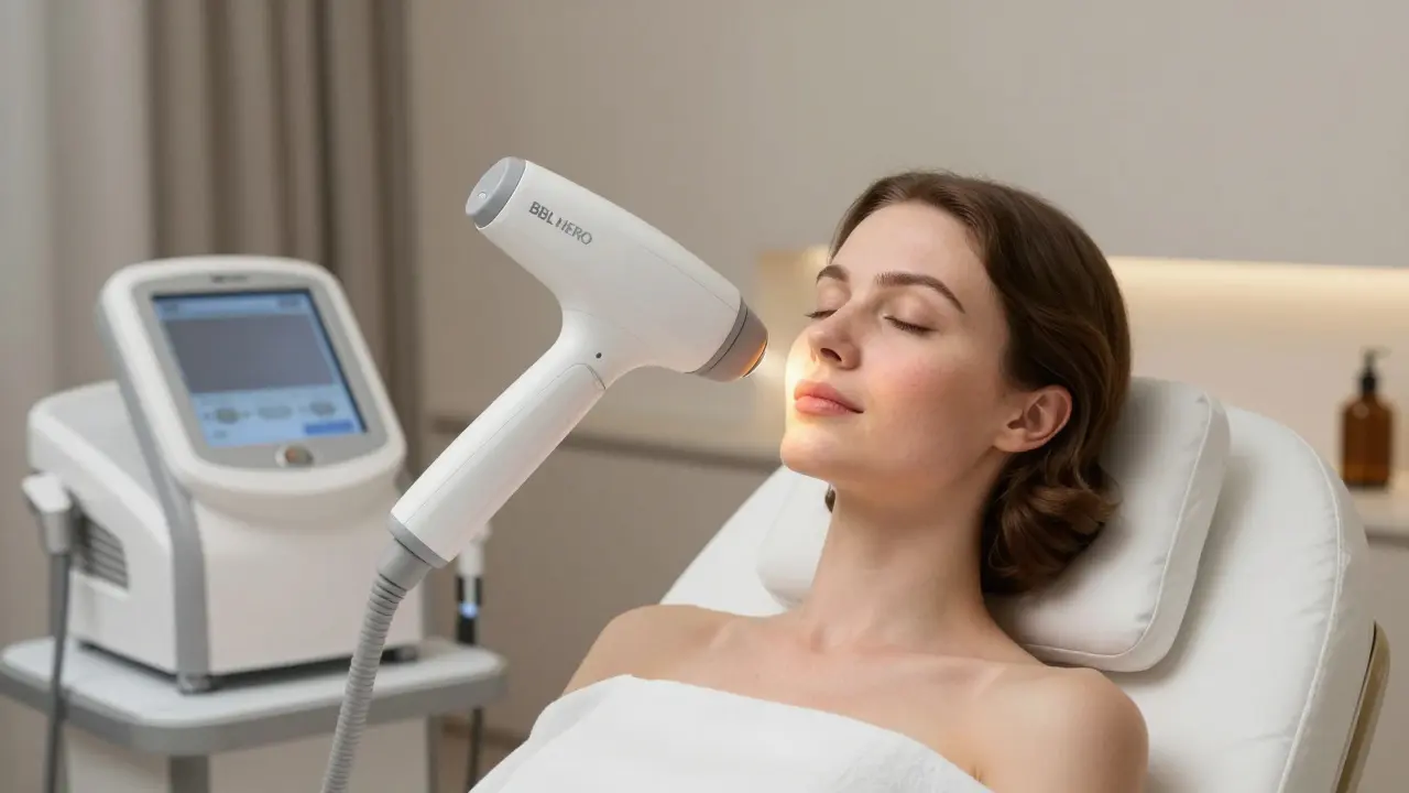 Женщина получает лазерную терапию BBL HERO, сосуды на лице уменьшаются под целенаправленным светом.