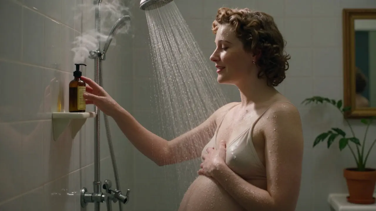 Женщина принимает контрастный душ, вода стекает по коже, ванная комната с уютной атмосферой.