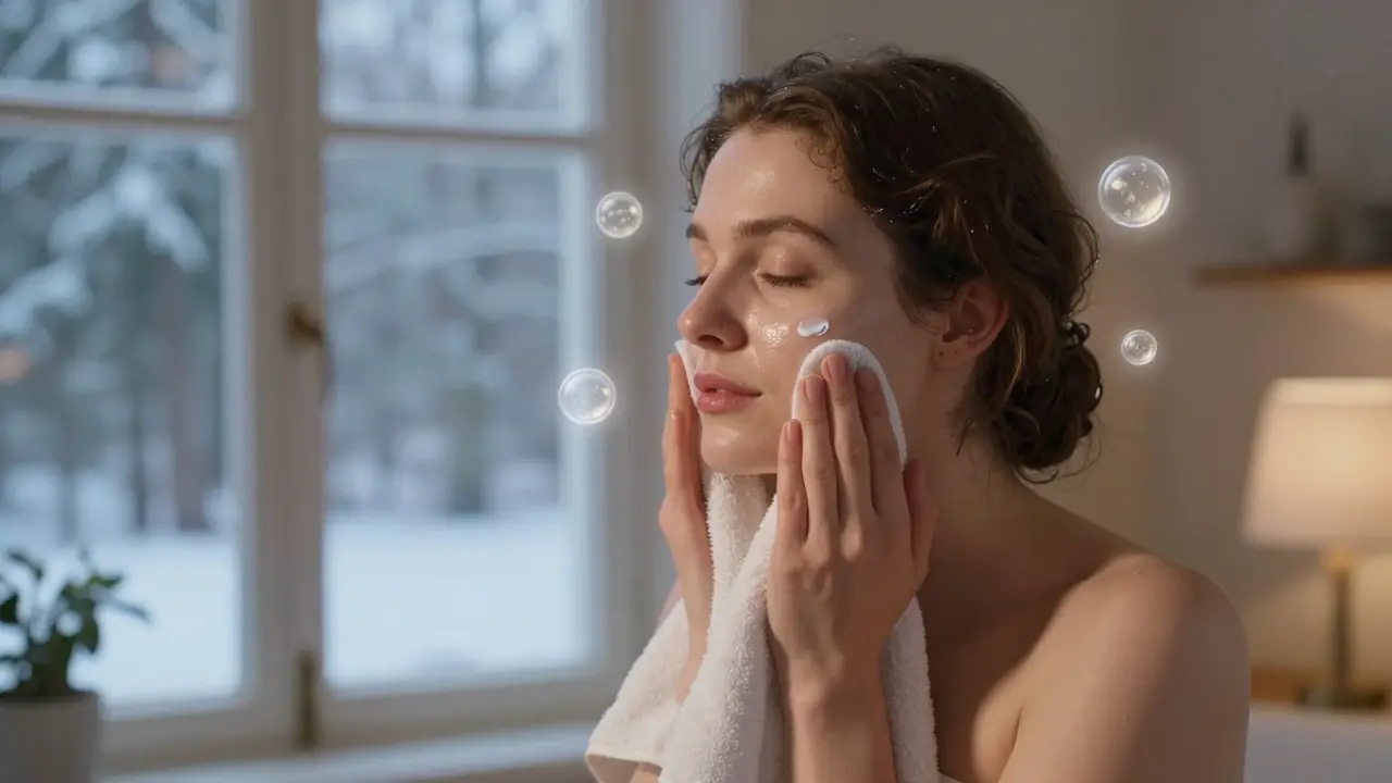 Женщина промакивает лицо полотенцем, вокруг неё светящиеся молекулы увлажняющих компонентов, за окном — зимний сад.
