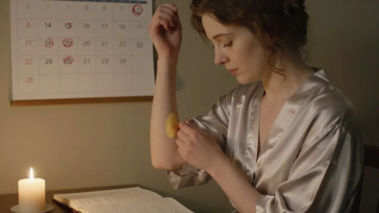 Женщина проводит тест на локте, рядом дневник и свеча — тихий момент заботы о себе.