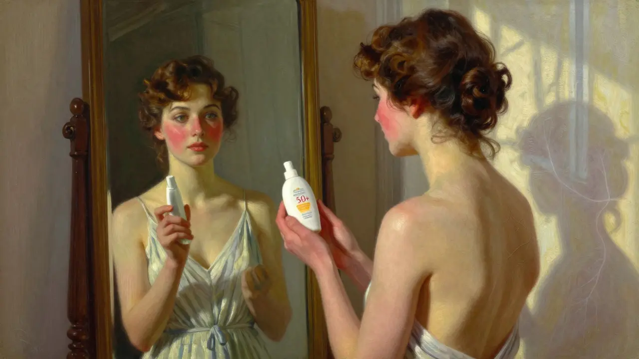 Женщина с чистой кожей держит солнцезащитный крем, за ней растворяются следы прежних сосудов.