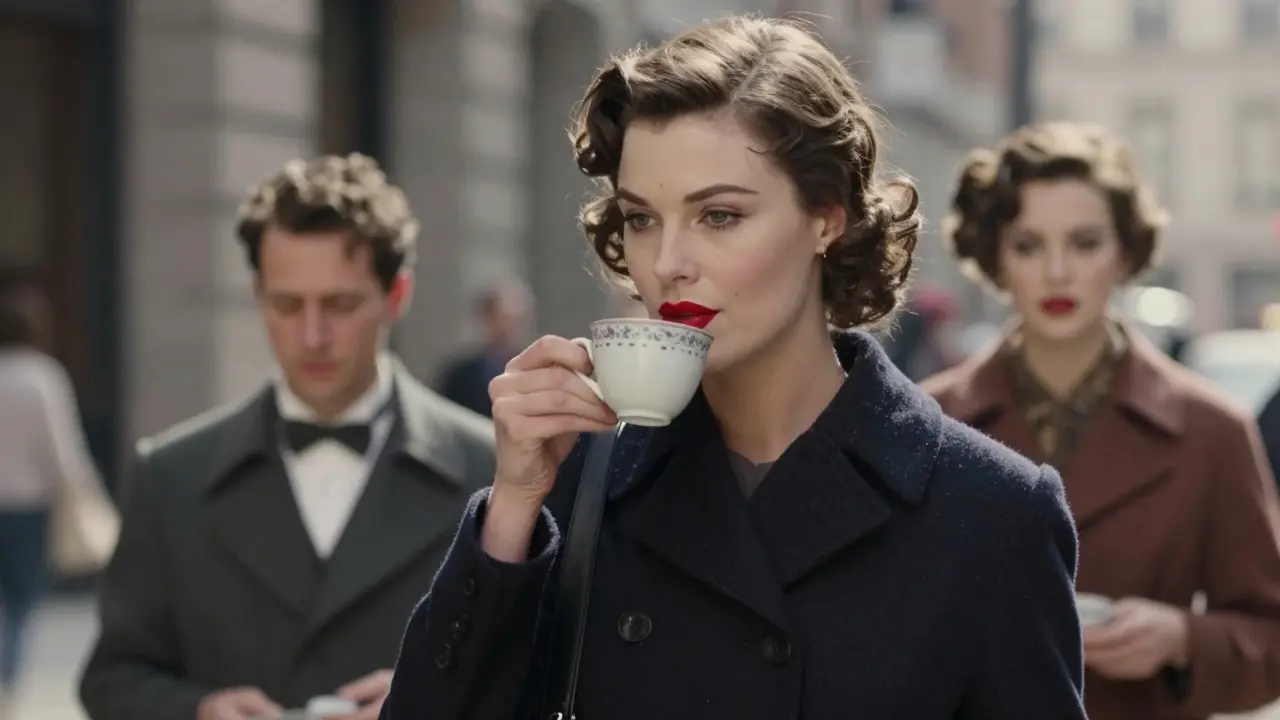 Женщина с идеальной помадой пьет кофе, не оставляя следов, на фоне городской улицы.