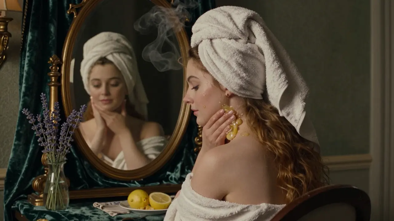 Женщина с обернутой головой получает массаж волос луковым соком в уютной обстановке.