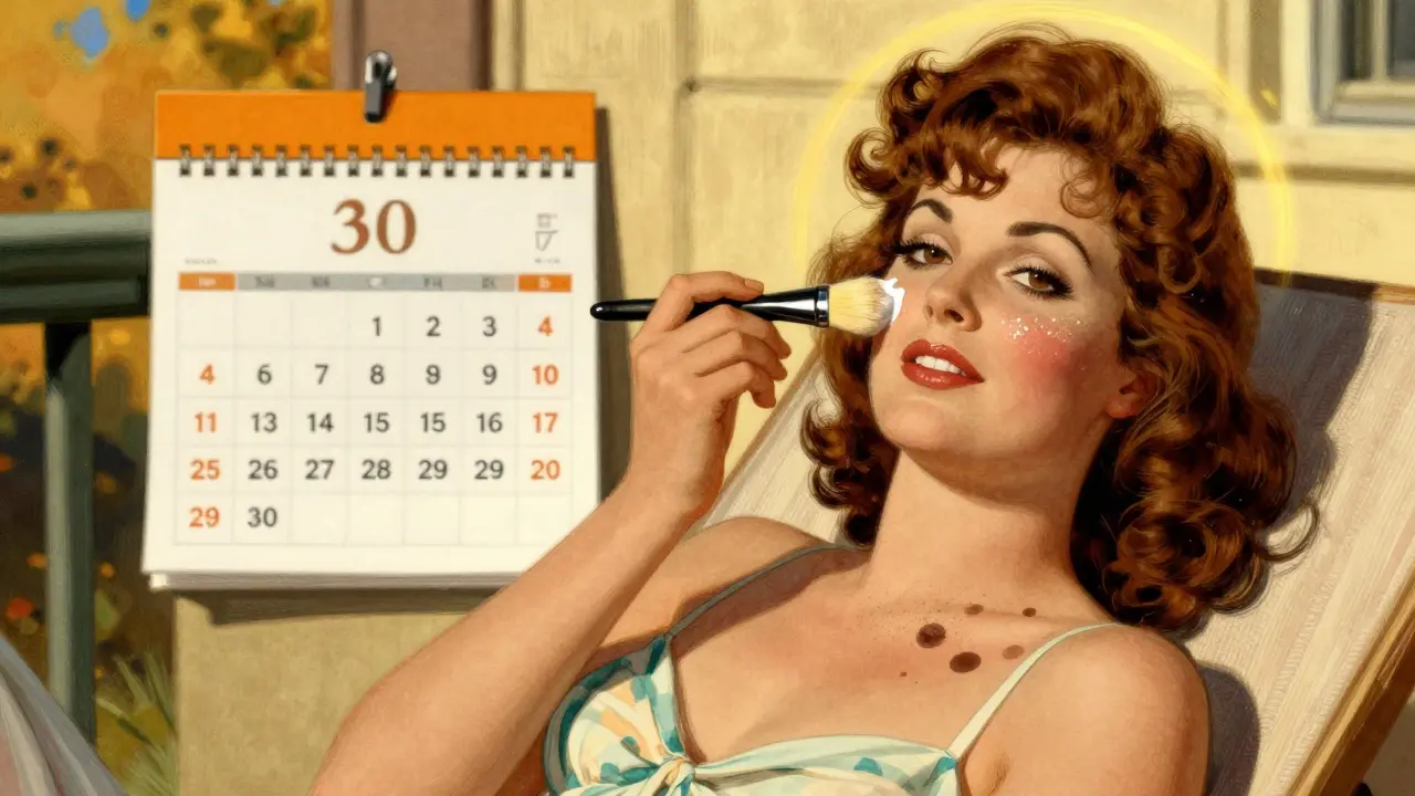 Женщина с оливковой кожей наносит солнцезащитный крем, на щеках видны тёмные пятна от повреждений.