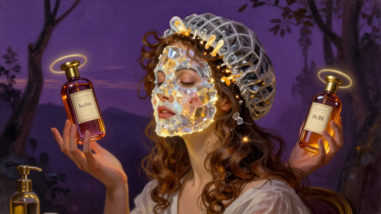 Женщина с термочепкой и сияющей маской для волос, волшебные флаконы парят вокруг нее в стиле Лейендейкера.