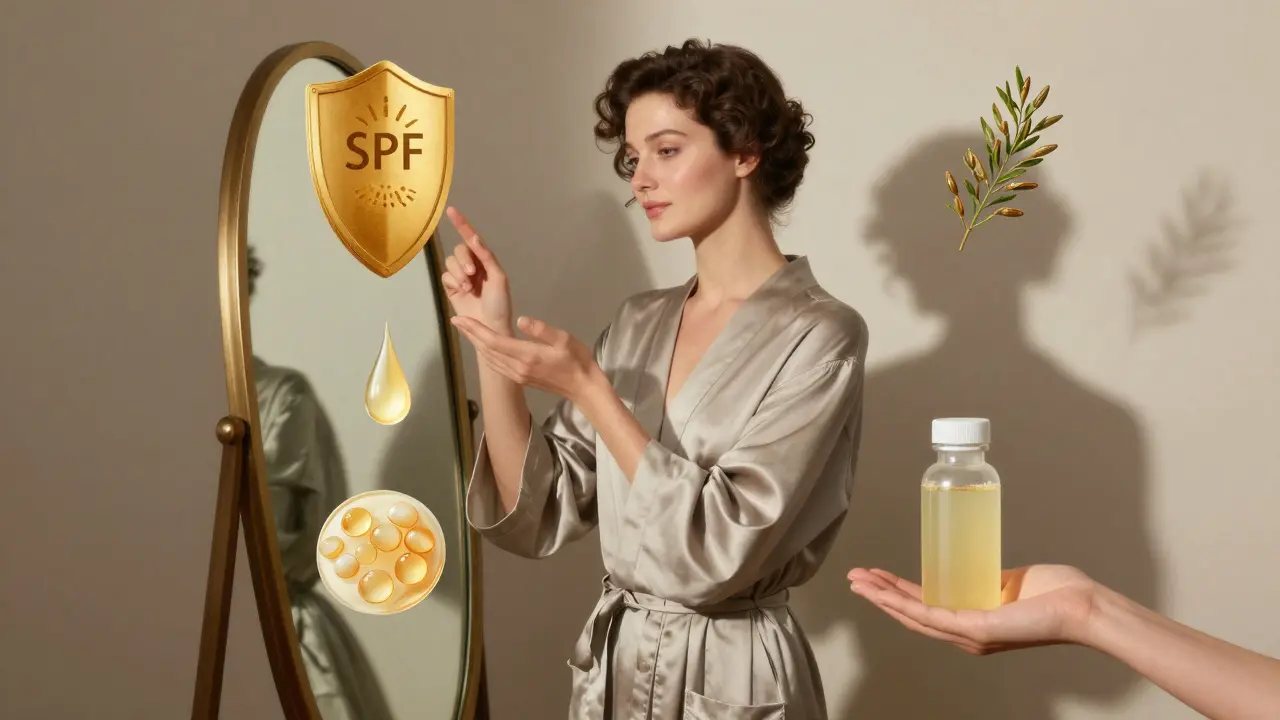 Женщина сияет в зеркале, вокруг неё — символы правильного ухода: SPF, гиалуроновая кислота, омега-3 и пробиотики.