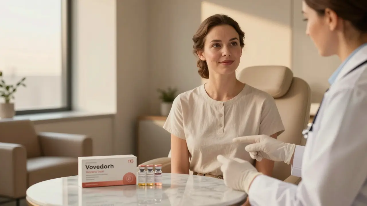 Женщина в кабинете врача смотрит на упаковки Juvederm и Belotero, врач указывает на них, мягкий свет и элегантная обстановка.