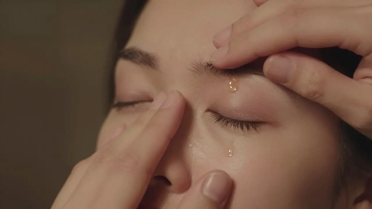 Детализированное изображение рук, выполняющих точечный массаж верхнего и нижнего века.