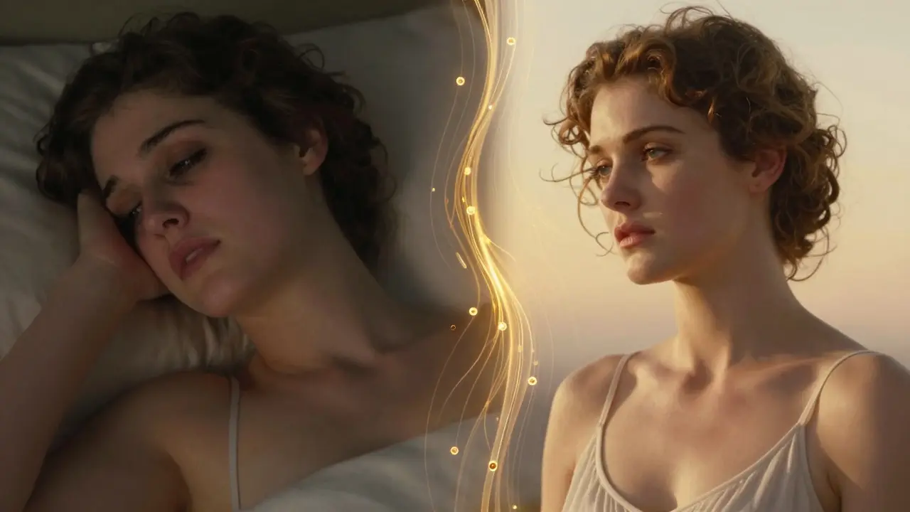 Диptyх: усталое лицо слева, подтянутое — справа, между ними светящиеся микротоки, стиль Лейендейкера