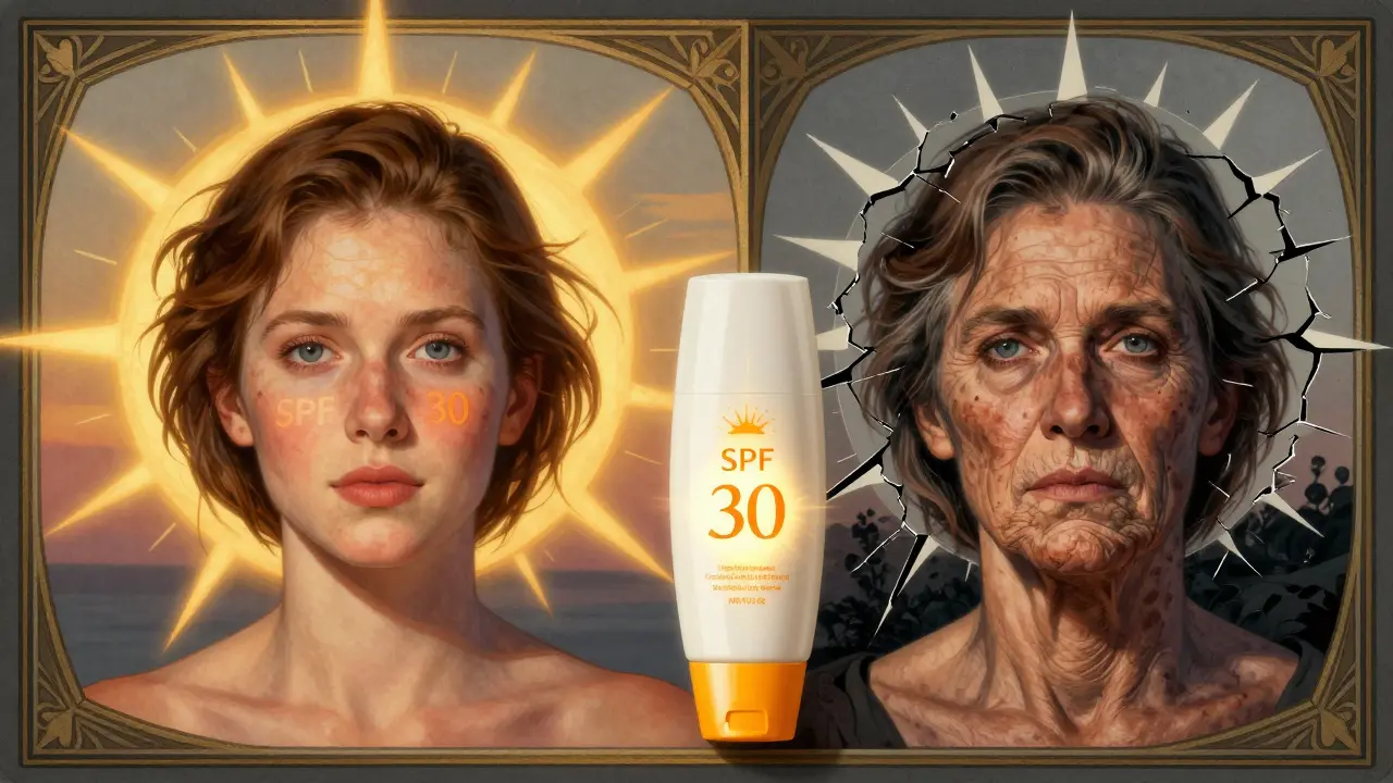 Два лица: молодое защищенное и старое поврежденное, между ними бутылочка SPF 30.