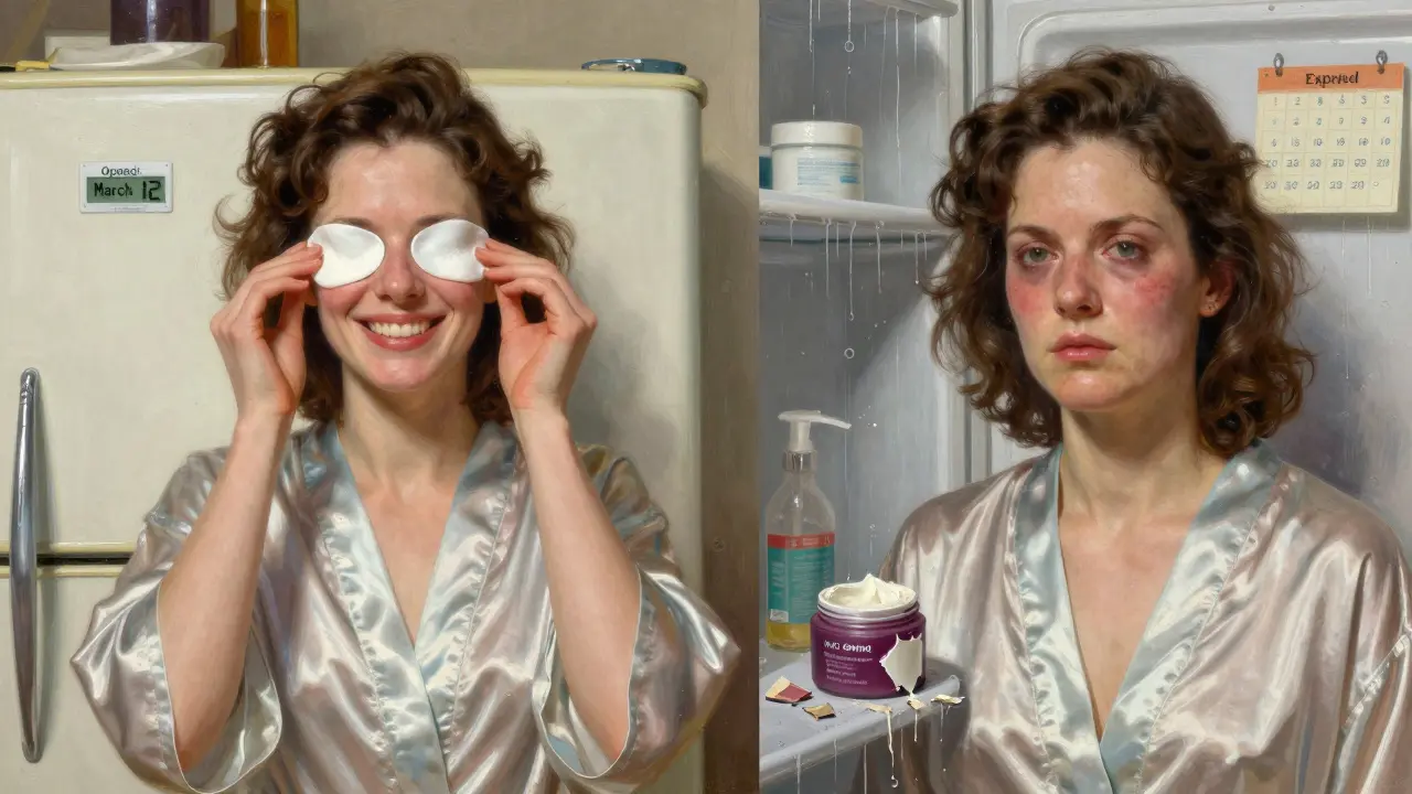 Два образа одной женщины: сияющая кожа вокруг глаз с охлаждённым средством и тусклая кожа с испорченным кремом в ванной.