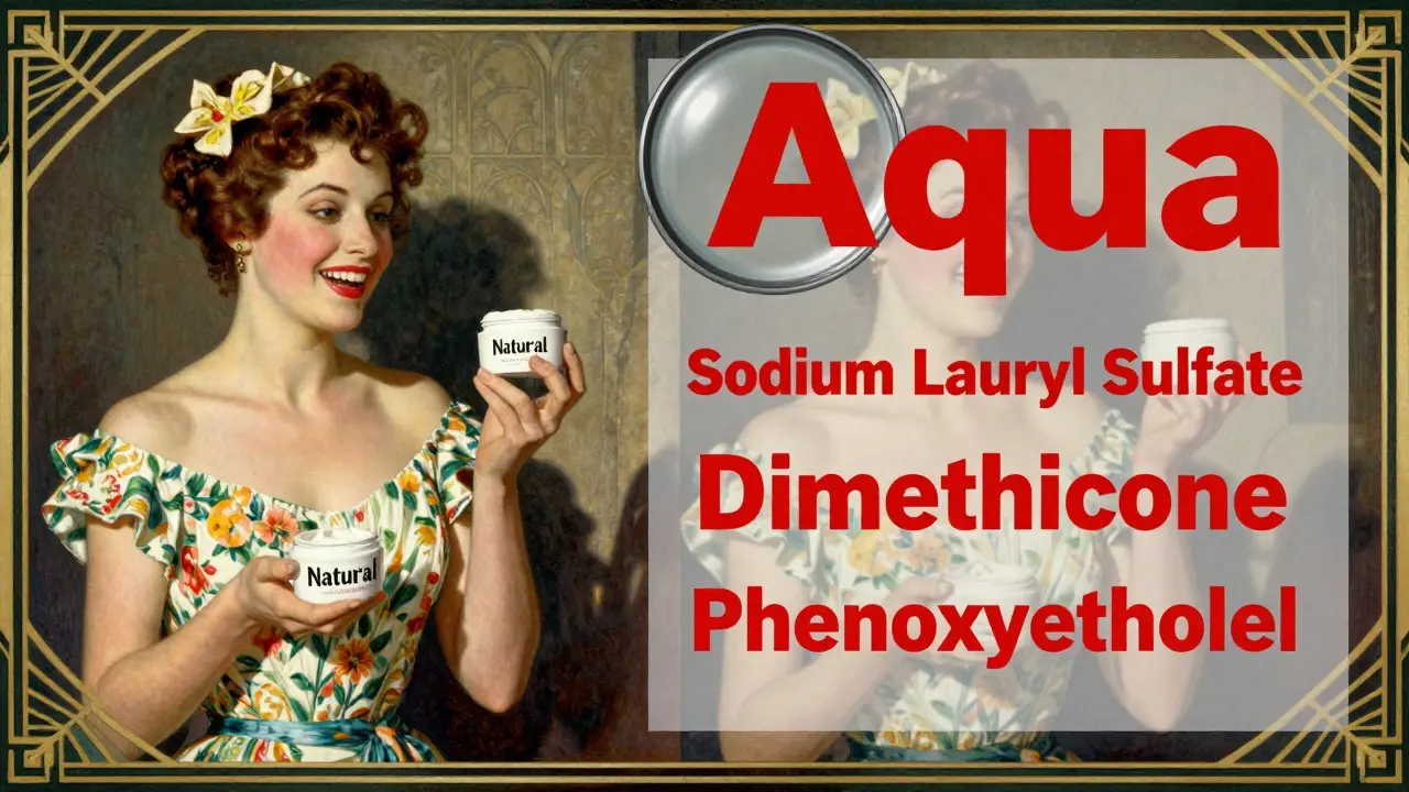 Две сцены: покупка крема с надписью 'натуральный' и его реальный состав с вредными ингредиентами.