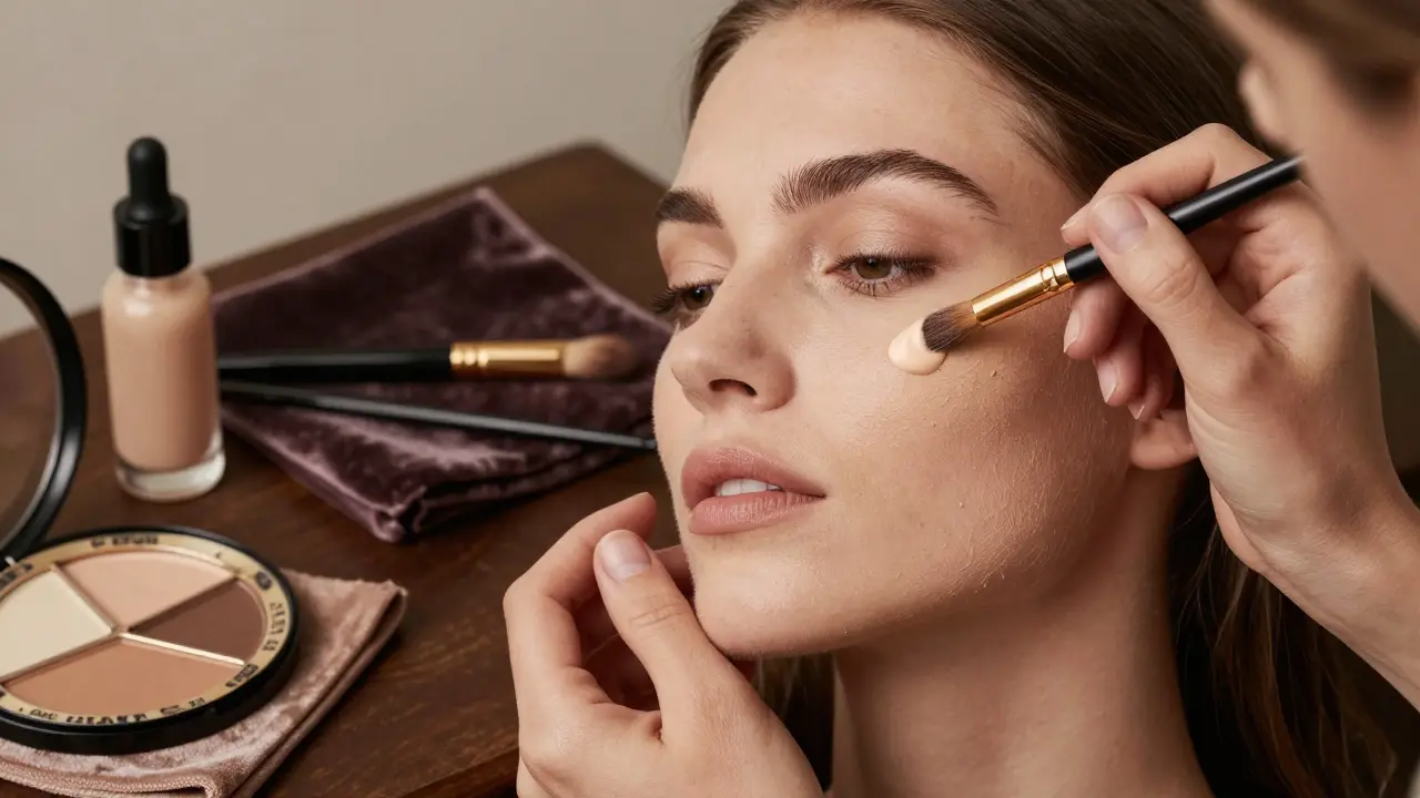 Косметолог наносит праймер на нос модели с помощью кисти, винтажные инструменты вокруг