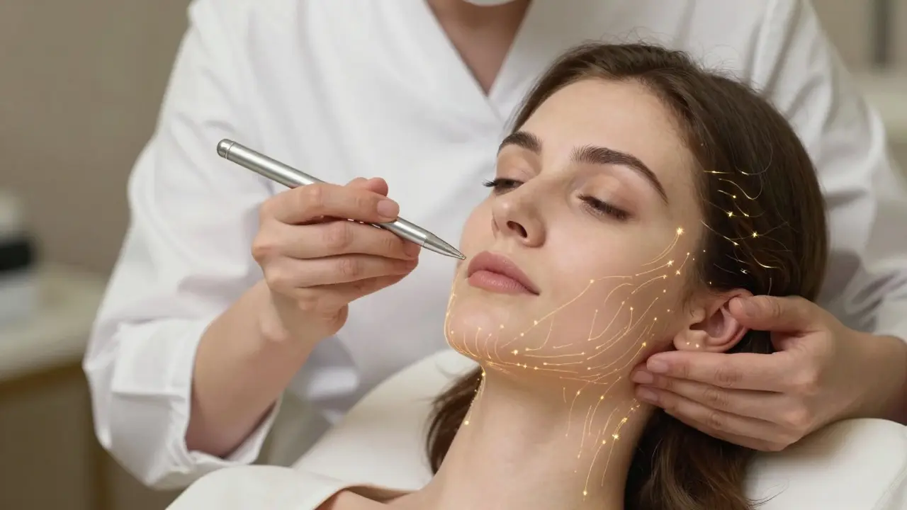 Косметолог проводит электродами по лицу, видны золотые микротоки, следующие по лимфатическим путям