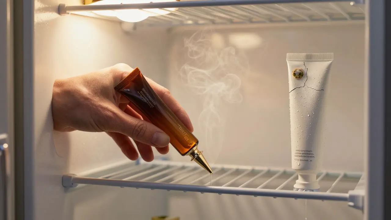 Крем для глаз в оригинальной упаковке из холодильника и тот же крем, разрушающийся в ванной под влажным светом.