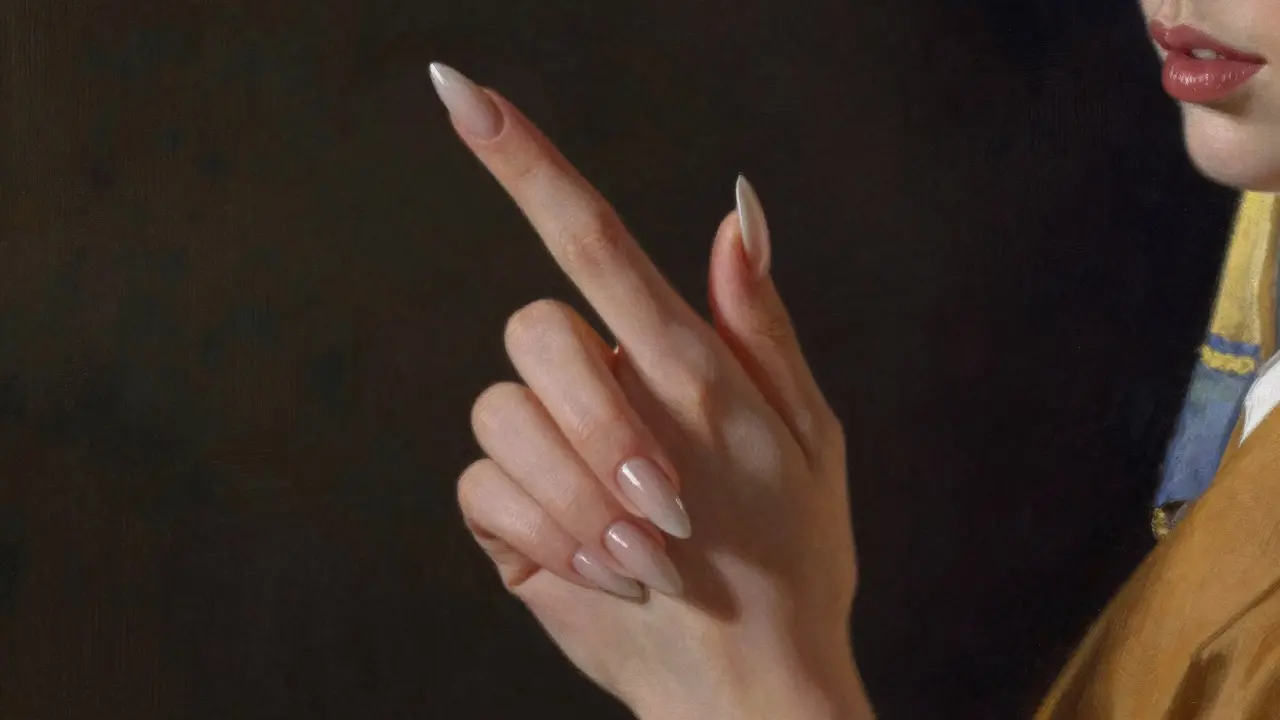 Крупный план руки с миндалевидными ногтями, подчёркивающими стройность пальцев.