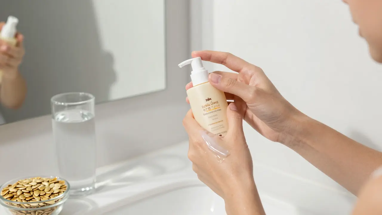 Легкий увлажняющий гель наносится на сияющую кожу, рядом — стакан воды и тыквенные семечки.