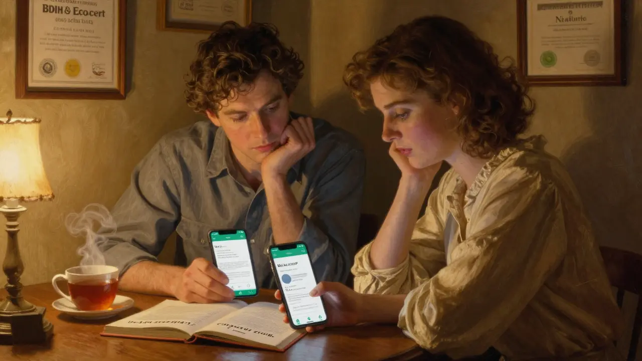 Пара смотрит на телефон с приложением для расшифровки INCI, рядом — сертификаты натуральной косметики.