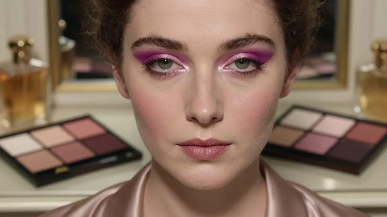 Портрет женщины с миндалевидными глазами, наносящей бордовую тень на внешний уголок.