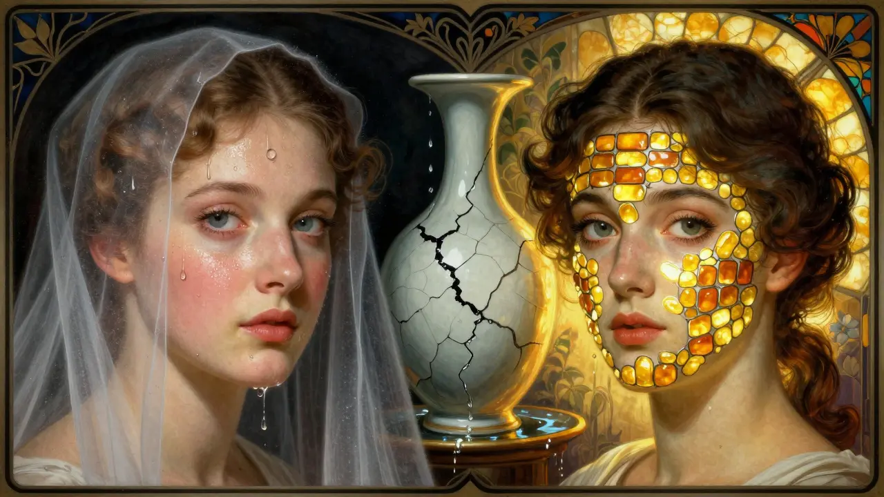 Разделённое изображение лица: одна сторона с каплями воды, другая — с защитной липидной стеной.