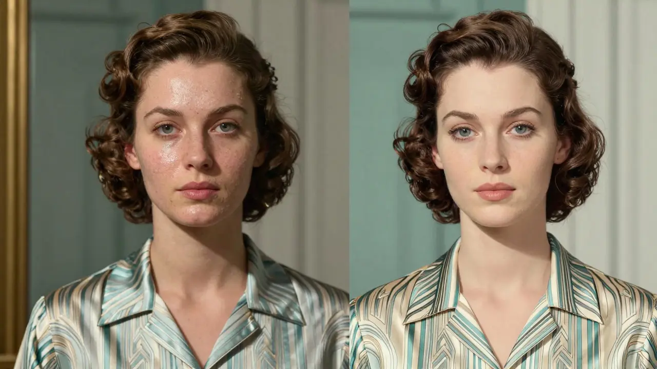 Разделённое лицо: до и после праймера, классический стиль, тёплые тона