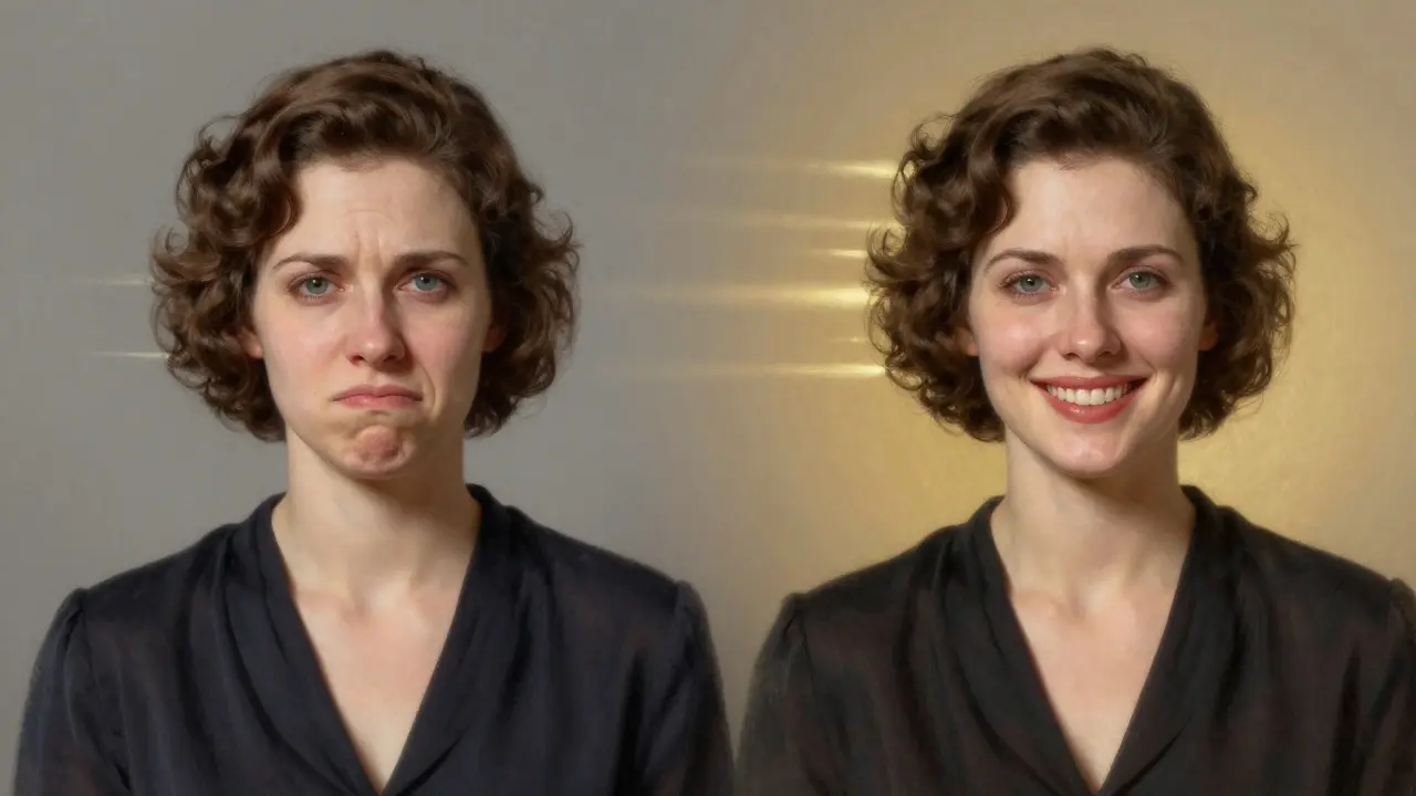 Сравнение до и после: асимметричные губы слева, симметричные — справа, женщина в элегантной одежде 1920-х годов.