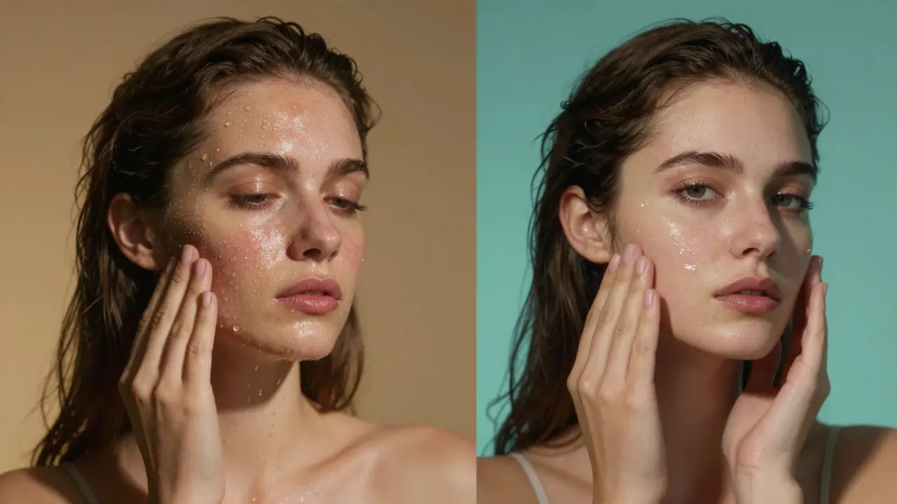 Сравнение обезвоженной кожи: жирный блеск на лбу и сухие щёки, капли влаги испаряются.