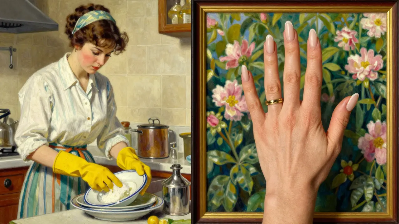 Сравнение: женщина моет посуду в перчатках и её же руки с длинными идеальными ногтями позже.