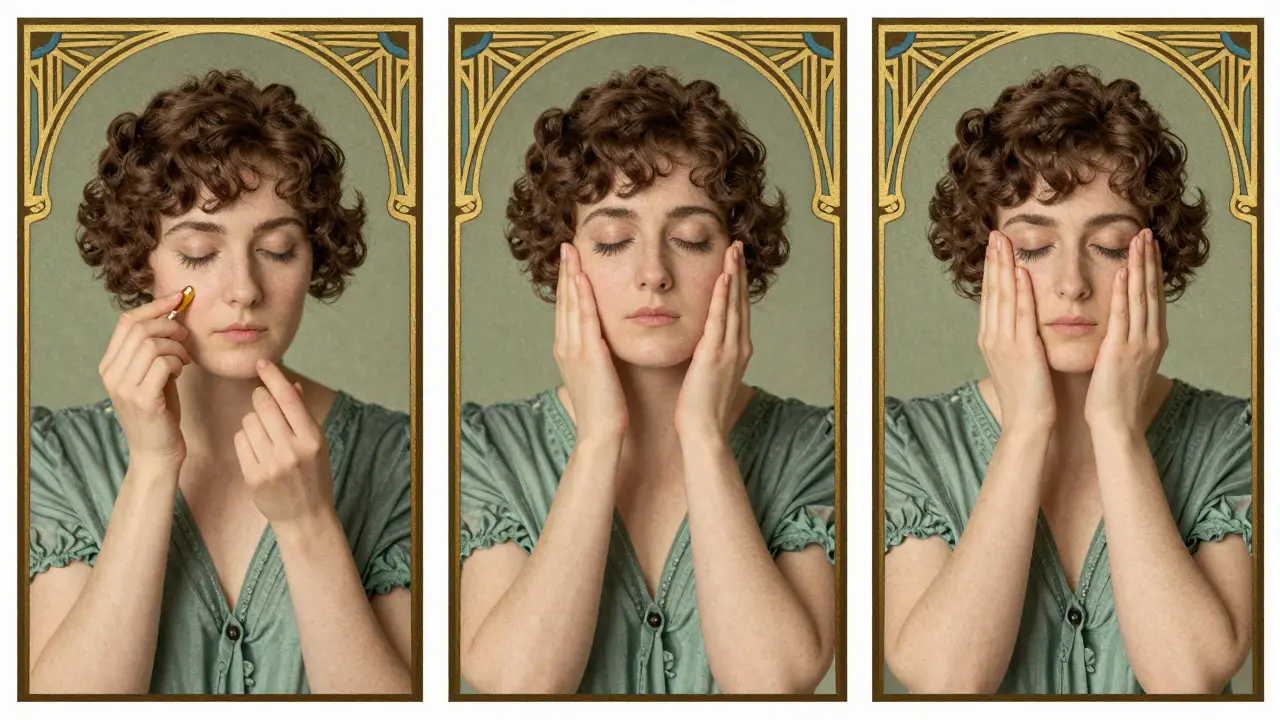 Три женщины в стиле 1920-х годов, демонстрирующие этапы ухода за ресницами.