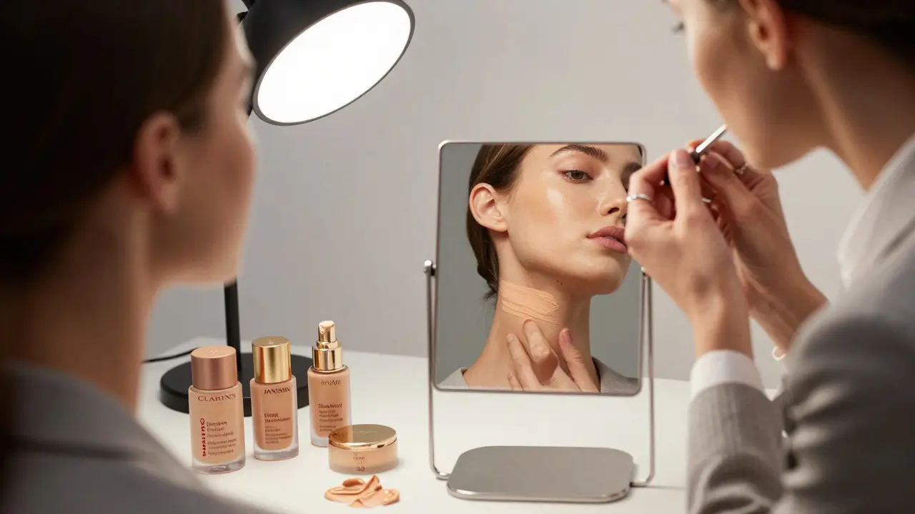 Визажист подбирает оттенок под цвет шеи под дневным светом, на столе — кремы без SPF.