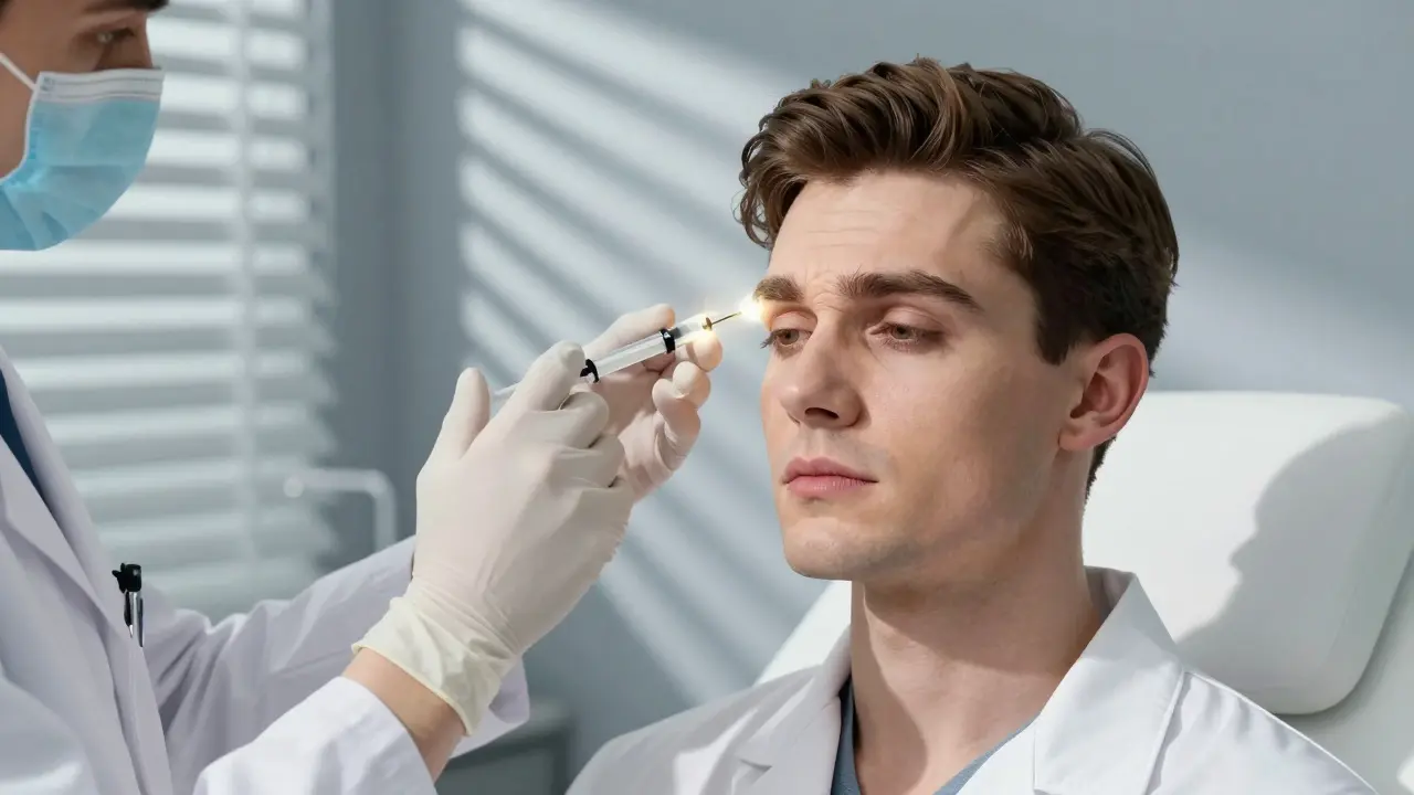 Врач вводит ботокс между бровями, пациентка спокойна.