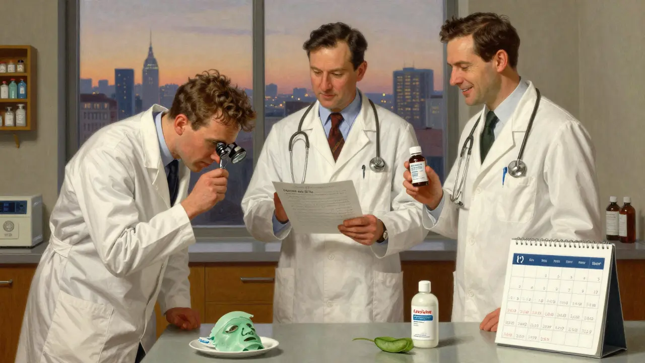Врачи в белых халатах обсуждают лечение себорейного дерматита, на столе — лекарства и календарь с пометками.