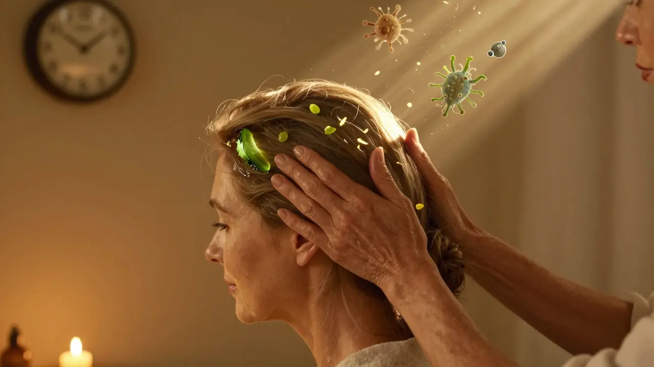 Женщина массирует кожу головы, на ней виден гель алоэ вера, в воздухе — символы лечения, мягкий свет свечей.