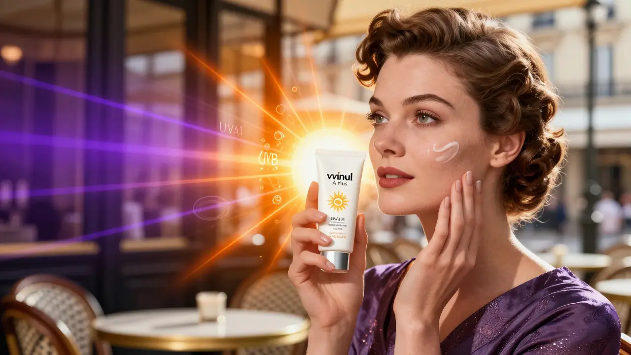 Женщина наносит солнцезащитный крем, вокруг неё — абстрактные спектры UVA и UVB, превращающиеся в тепло.