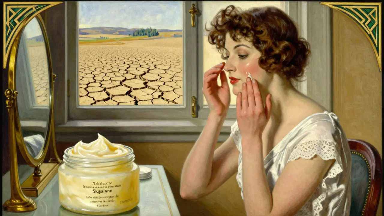 Женщина наносит сыворотку, рядом — плотный крем, за окном засохшая земля, стилизованная иллюстрация.