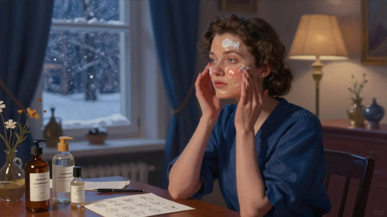Женщина наносит уход по очереди в уютной комнате, за окном снег, тёплый свет лампы.