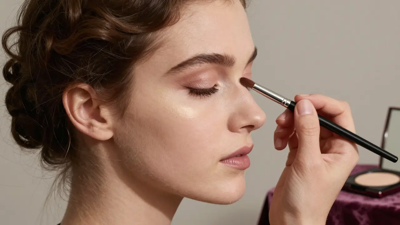 Женщина с нависшими веками наносит светлые тени, аккуратно растушевывая темный оттенок вверх.