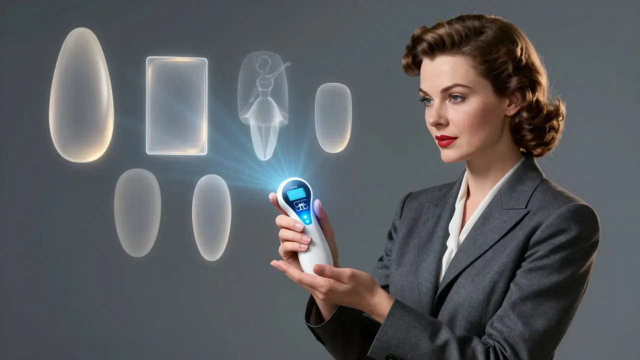 Женщина с устройством для сканирования ногтей, вокруг неё — силуэты форм ногтей.