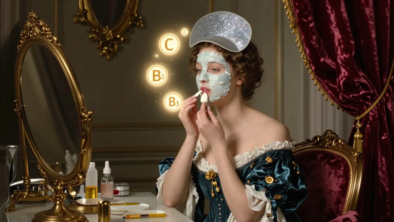 Женщина с восстановленными губами окружена светящимся ореолом витаминов и защитным щитом SPF.