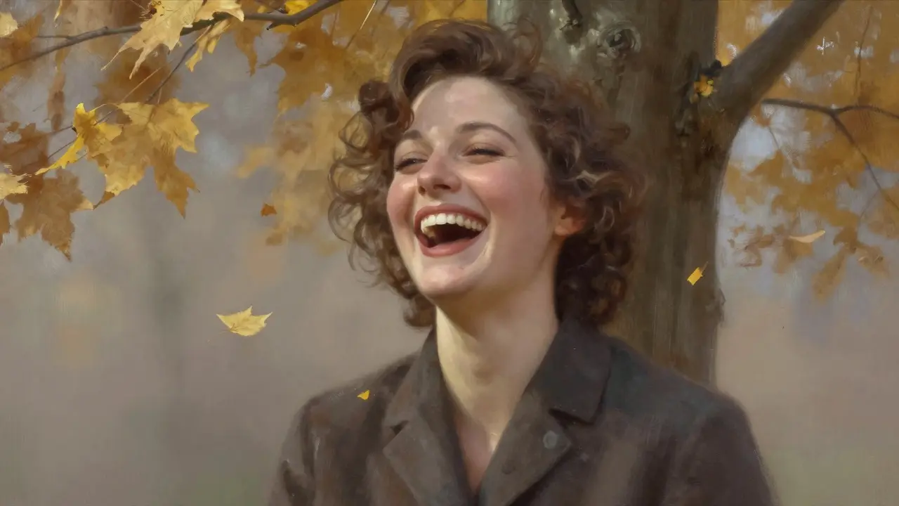 Женщина смеется под осенним деревом, лицо гладкое и расслабленное.
